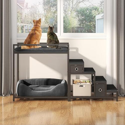 Saudism Pet Bunk Bed with Removable Stairs and 2 Drawers, Dogs/Cats Window Perch, Dog Window Seat with Soft Cushion, Ultra-Shallow Steps, Sturdy Metal Frame, Non-Slip, Load Capacity 60 LBS - color: Black