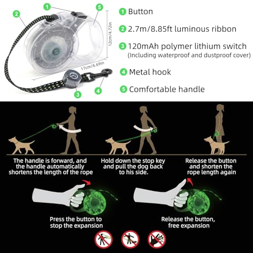 Luwint LED Dog Leash Retractable 8.8ft - Light Up Dog Leashes for Night Walking, USB Rechargeable Waterproof Lighted Leash with 3 Modes Green Light