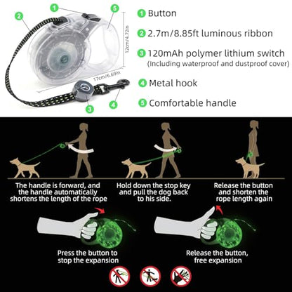 Luwint LED Dog Leash Retractable 8.8ft - Light Up Dog Leashes for Night Walking, USB Rechargeable Waterproof Lighted Leash with 3 Modes Green Light