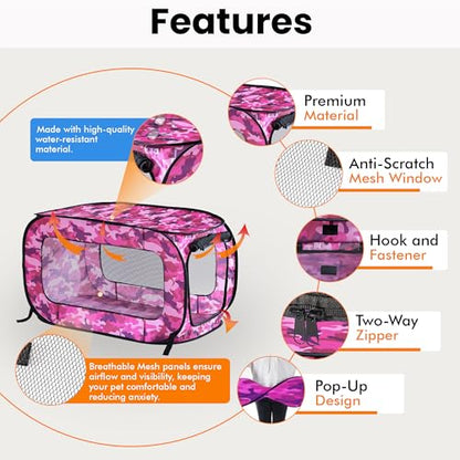 Beatrice Home Fashions Portable, Collapsible, Pop Up Kennel Travel Cat and Dog Crate, 24" L x 16.6" W x 16" H, Camo Pink - color: Camo Pink, size: 24.0"L x 16.6"W x 16.0"H