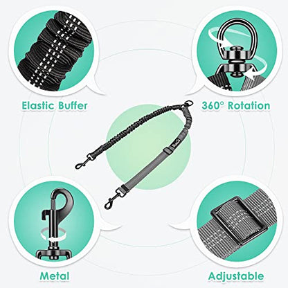 AUTOWT Two Dog Lead, 2 in 1 Upgraded Double Dog Leash Attachment Combine Adjustable Strap and Shock Absorbing Bungee No Tangle Dual Training Splitter for Medium Large Dogs (Black & Grey) - color: Black & Grey