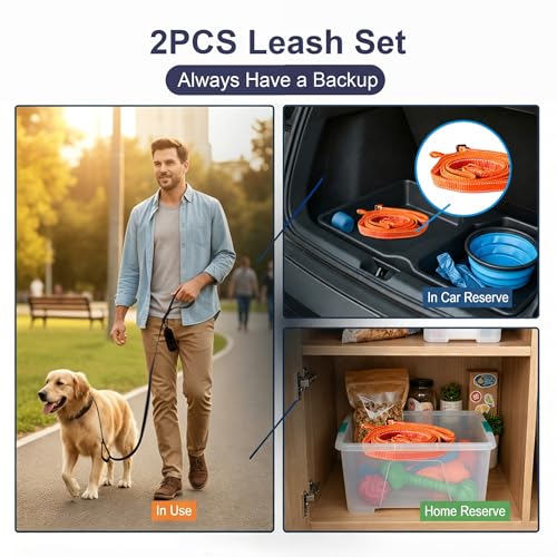 2 Pack Dual Handle Dog Leash, 6ft x 1in Heavy Duty Reflective Nylon Leash with Padded Grip, Traffic Handle, D-Ring, Tangle-Free Dog Lead for Small, Medium & Large Dogs, Safe Night Walks (Black+Orange) - color: 2PCS-Black+Orange