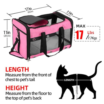 Soft Sided Cat/Dog Carrier,Collapsible Pets Travel Carriers for Pet/Puppy with Shoulder Strap & Removable Mat,Mesh Top Load Small Dogs/Cats Carry Bag Up to 17 Lbs TSA Airline Approved（Pink,M） - size: M Pink