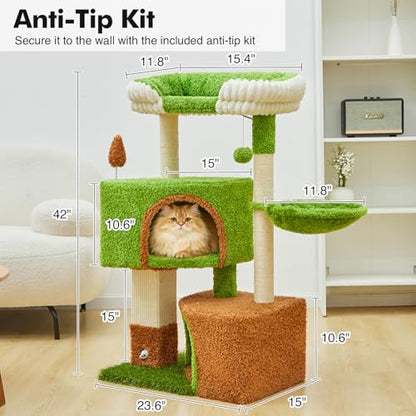 Woochpet 42-inch Cat Tree Features with Two Large Cat Cando, A Cozy Hammock, and Extra-WidetTop Watching Platform. Cat Tree Tower with Scratching Posts Suitable for All Adult Cats and Kittens - size: 60*38*106