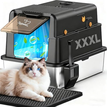 L8 Ultra-XXXL Stainless Steel Litter Box with Smart Odor Control System, 28"L x 20.5"W x 17.4"H Large Cat Litter Box with Lid for Big Cats, High Sided Enclosure with Scoop & Mat, Anti-Leakage-Black - color: Dark Black