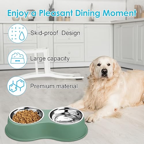 EpetsLove Large Double Dog Water and Food Bowls, Stainless Steel Bowls with Non-Slip Resin Station, Pet Feeder Bowls Food Dish for Small Medium Large Dogs Cats - color: 6.Green, size: Large-34oz