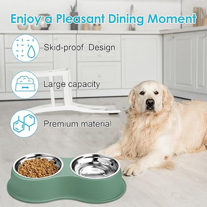 EpetsLove Large Double Dog Water and Food Bowls, Stainless Steel Bowls with Non-Slip Resin Station, Pet Feeder Bowls Food Dish for Small Medium Large Dogs Cats - color: 6.Green, size: Large-34oz