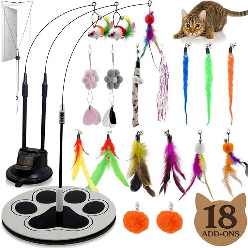 18-Piece Interactive Cat Toys for Indoor Cats -PATENTED Heavy Duty Self-Holding Floor Base & Suction Cup - Durable Feather Wand Bird Simulation Self Play Kitten Toys for Bored Adult Cats Juguete Gato - color: Ultimate Play Bundle