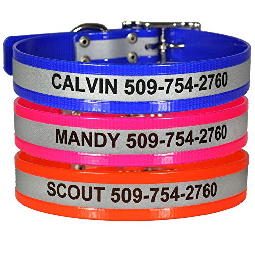 GoTags Reflective Waterproof Dog Collars Personalized, Engraved with Pet Name and Phone Number, Extra Durable BioThane Collar Resistant to Dirt, Oils and Moisture, Odor-Proof - color: Pink, size: 16 - 18.25 inch neck (Pack of 1)