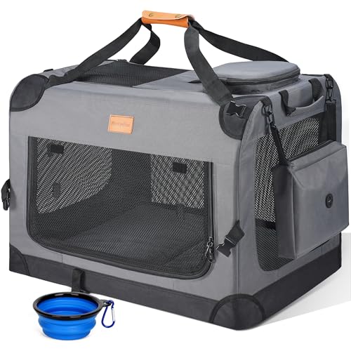 Morpilot 32-inch Portable Collapsible Dog Crate: Travel Dog Crate Soft-Sided for Medium Large Dogs up to 70lbs, with Foldable Bowl, Shoulder Strap & Storage Pockets, Grey - size: XL-31.9" × 22.8" × 22.8"