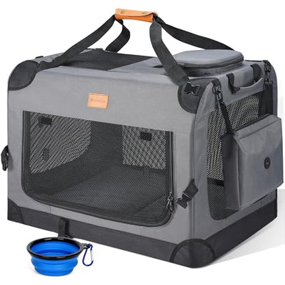 Morpilot 32-inch Portable Collapsible Dog Crate: Travel Dog Crate Soft-Sided for Medium Large Dogs up to 70lbs, with Foldable Bowl, Shoulder Strap & Storage Pockets, Grey - size: XL-31.9" × 22.8" × 22.8"