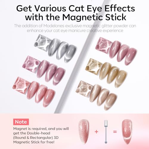 modelones Gel Nail Polish Set, 6 Colors Nude Pink Silver 9D Glassy Cat Eye Glitter Gel Polish Semi-transparent Neutral Brown Nail Polish Soapnails with Magnet Soak Off Led Nail Art DIY Gift - color: A A3-Neutral Cat Eye