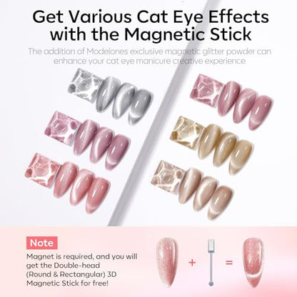 modelones Gel Nail Polish Set, 6 Colors Nude Pink Silver 9D Glassy Cat Eye Glitter Gel Polish Semi-transparent Neutral Brown Nail Polish Soapnails with Magnet Soak Off Led Nail Art DIY Gift - color: A A3-Neutral Cat Eye