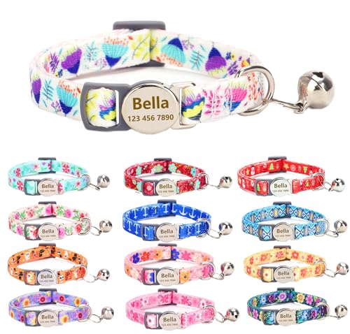Custom Personalized Breakaway Kitten Cat Collar with ID Name Phone Number Tag Plate/Customized Engraved Floral Pattern Boy Girl Cat Kitten Collar with Bell-White Flower - color: White Flower