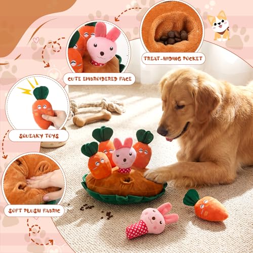 Skylety 7 Pcs Interactive Dog Toys Set, Snuffle Mat for Dogs, Treat Hiding Puzzle and Squeaky Plush, Carrot Bunny Dog Toys for Small Medium Dogs, Training and Boredom Relief Plaything - style: Carrot Bunny