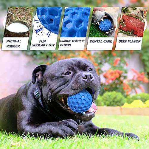 Squeaky Dog Balls, Indestructible Dog Toys for Aggressive Chewers Large/Medium Breed, Natural Rubber Interactive Chew Toys for Teeth Clean, Relieves Anxiety (Blue) - color: Blue
