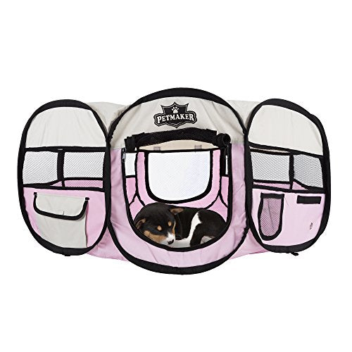 Portable Puppy Playpen - Small Pop-Up Play Yard for Pets Up to 25lbs with Mesh Windows, 2 Pockets, Zippered Roof, and Carry Bag by PETMAKER (Pink)