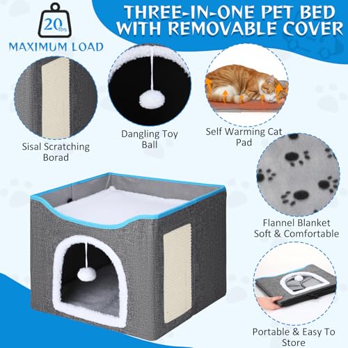 Cinnvoice Heated Cat Bed Indoor for Cats Heated Cat House with 2 Pcs Self Warming Cats Bed 1pc Blankets Self Heating Cube Shelter Cave Condo with Scratch Pad Fluffy Ball for Winter Pet Small Dog