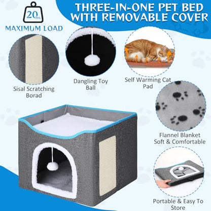 Cinnvoice Heated Cat Bed Indoor for Cats Heated Cat House with 2 Pcs Self Warming Cats Bed 1pc Blankets Self Heating Cube Shelter Cave Condo with Scratch Pad Fluffy Ball for Winter Pet Small Dog