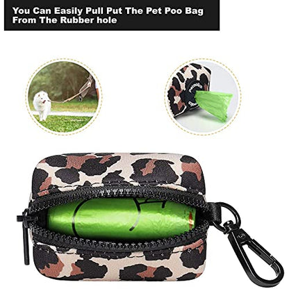 Dog Poop Bag Holder Leash Attachment, Waste Bag Dispenser Zippered Pouch, Fits Any Leash, Includes Free Roll of Bags, 2 Pack - Leopard - color: Leopard