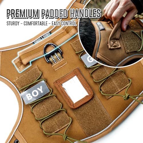 Tactical Dog Harness for Medium & Large Dogs, Brown Adjustable No-Pull Control with Handle, Heavy Duty Reflective Vest - Size M - color: Army Brown, size: Medium