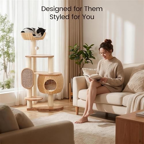 Modern Cat Tree，Cat Tower with Scratching Post, Handwoven Pumpkin Nests and Baskets,Sisal Blanket
