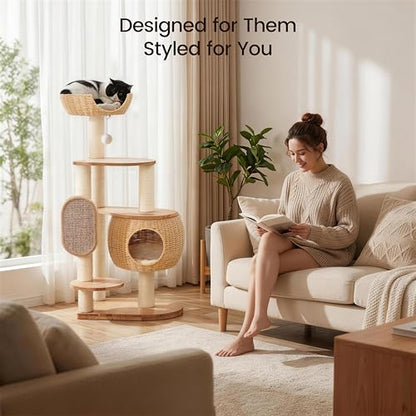 Modern Cat Tree，Cat Tower with Scratching Post, Handwoven Pumpkin Nests and Baskets,Sisal Blanket