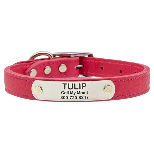 dogIDs Personalized Soft Designer Leather Dog Collar - Adjustable, Odor Resistant, Built-in Custom Laser Engraved Rivet on Name Plate - Flamingo Pink - 1/2 in Wide x 7 in Neck - color: Flamingo Pink, size: 1/2 in wide x 9 in (its 6-8 inch necks)