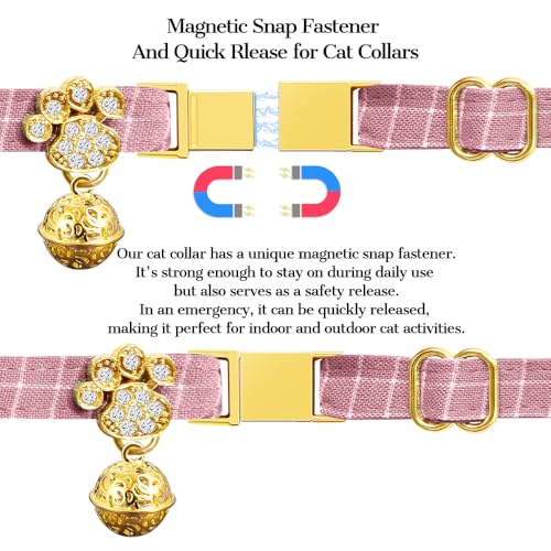 Personalized Breakaway Cat Collars - Magnetic Buckle, Bell - Safety Quick Release, Customized for Girls & Boys Cats- (Checkered-Pink) - color: Checkered-Pink