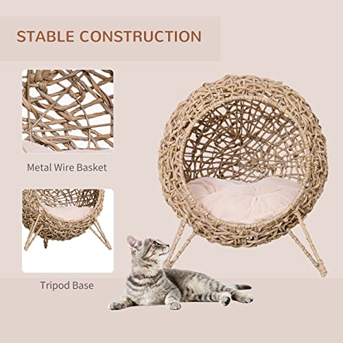 PawHut 20.5" Weaved Cat Bed, Elevated Hand-Woven Braided Banana Leaf Kitten House Condo with Cushion, Beige - color: Beige