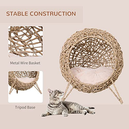 PawHut 20.5" Weaved Cat Bed, Elevated Hand-Woven Braided Banana Leaf Kitten House Condo with Cushion, Beige - color: Beige