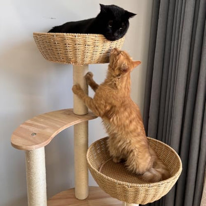 54" Modern Cat Tree for Large Cats, Wood Luxury Multi-Level Oak Solid Wood Cat Trees Cat Towers with 3 Rattan Weaving Cat Nests & Washable Cushions, Sisal Scratching Posts, for Indoor Cats-Lacquered - size: Large-Oiled1