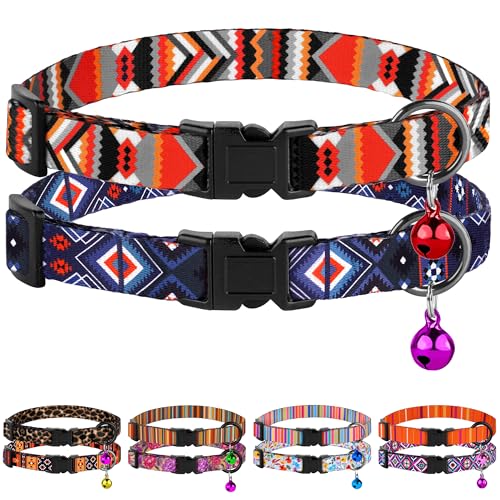 2 Pack Cat Collars with Bell - Breakaway Soft Collar for Girl & Boy Cats, Adjustable Safety Cute Kitten Collars – Comfortable Stylish Patterned Print Design Lightweight (Geometric + Boho) - color: Geometric + Boho