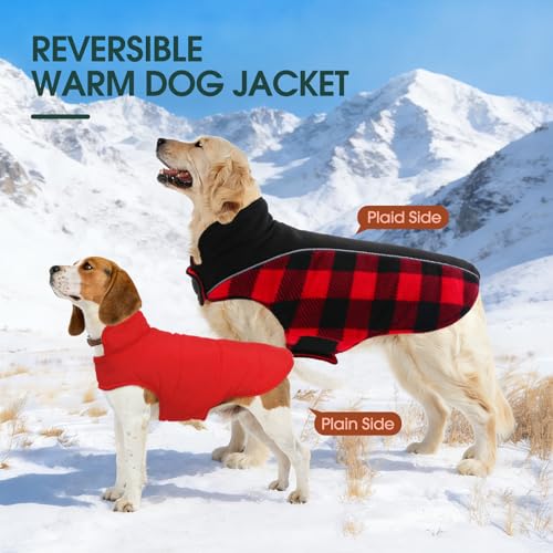 Kuoser Dog Winter Coat, Reversible Waterproof Dog Jacket with Reflective Strip, Warm Dogs Fleece Vest Adjustable Doggy Cold Weather Clothes Plaid Christmas Outfit Pet Apparel for Small Dogs, Red S - color: Red, size: Small (Chest Girth: 13.8-17.3'' )