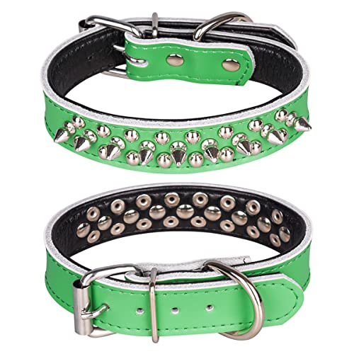 Spiked Studded Dog Collar, Soft Genuine Leather Dog Collar, Adjustable Dog Collars for Small Medium Large Dogs Breeds Pit Bull (S fit Neck 10.5-13", Green2) - color: Green2, size: S fit Neck 10.5-13"
