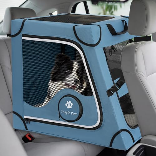 Portable Dog Crate for Car Travel,Metal Frame Pet Crate,Pet Carrier for Car Back Seat Secures with Headrest Strap and Seatbelt,L - color: Blue, size: Large