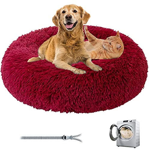 Donut Dog & Cat Bed - Premium Quality Plush Calming Pet Cosy Anti-Anxiety Bed With Non-Slip Bottom, Washable for Small/Medium/Large Dogs (Color: Red, Size - color: Red, size: 27.5"70cm