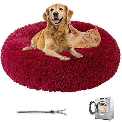 Premium Plush Donut Dog & Cat Bed - Warm & Soft, Anti-Anxiety, Non-Slip, Washable for Small/Medium/Large Dogs (Red) - color: Red, size: 19.5"50cm