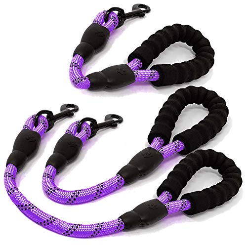 Cymiler Nylon Short Traffic Leash with Padded Handle, 3 Sizes, Highly Reflective Threads for Small to Large Dogs - color: Rope-Purple