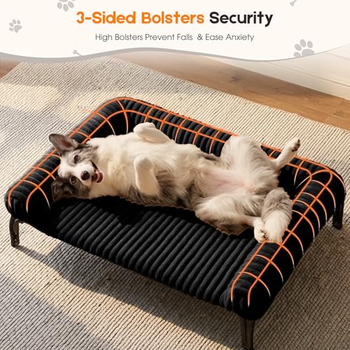 Elevated Dog Bed with Removable Fluffy Pillow Cushion, Raised Pet Cot Washable Bolster, Dog Couch Sofa, Anti Slip Feet, Breathable Mesh, Matte Black, 49"×36" - color: matte black, size: Xl(49"×36"×8")