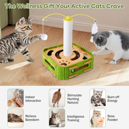 Cat Puzzle Box Toy for Indoor Cats Boredom Relief Interactive Wooden Cat Enrichment Maze with Jingle Balls, Feather Wands & Spiral Springs, Slow Feeder Treat Dispenser for Kittens & Adult Cats - size: Large