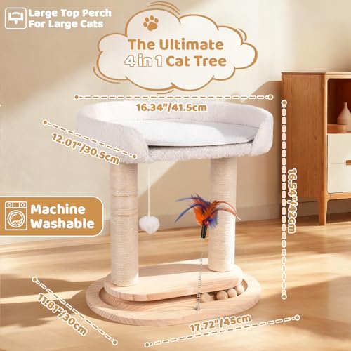 5-in-1 Small Wooden Cat Tree Tower,16.5''H Natural Sisal Cat Scratching Post Climbing Tower with Bed,Interactive Cat Feather Toy,Ball Track Toy for Kittens and Indoor Cats,White - style: Double-layer