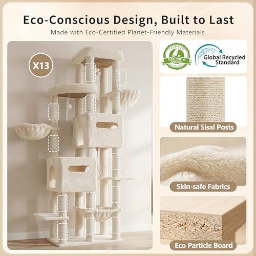 Heybly Cat Tree, 74.8-Inch Spacious & Tall Cat Tower for Large Cats, Cat Furniture with Large Top Perch, Solid Base, 2 Cat Condos, Hanging Hammock, Durable Sisal Scratching Posts, Beige HCT062M - color: Beige