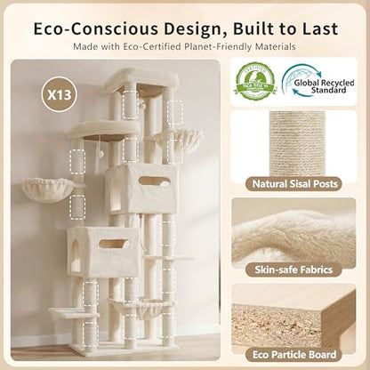 Heybly Cat Tree, 74.8-Inch Spacious & Tall Cat Tower for Large Cats, Cat Furniture with Large Top Perch, Solid Base, 2 Cat Condos, Hanging Hammock, Durable Sisal Scratching Posts, Beige HCT062M - color: Beige