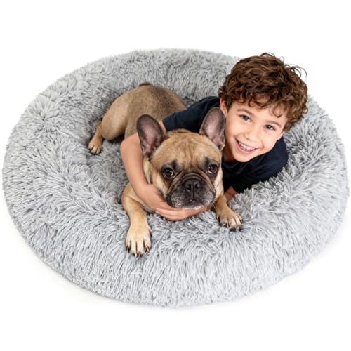 Premium Donut Dog Beds for Large Dogs with Removable Washable Cover, Calming Waterproof Round Dog Bed with Extra Thick Memory Foam,Orthopaedic Cozy Fluffy Anti Anxiety Cuddler for Sleep 36 Inch,Grey - color: Grey, size: 36"x36"x8"