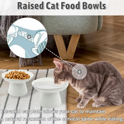 VCEPJH Raised Cat Food Bowls Shallow Cat Plate Pack of 2 Ceramic Elevated Cats Dish 6.1in Flat Anti Whisker Fatigue Wide Pet Food & Water Feeder for Indoor Kitty Kitten (White) - color: White