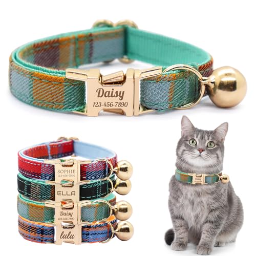 Personalized Plaid Cat Collar with Bell - Non-Breakaway Custom Polyester Kitten Collar with Engraved Name & Phone Number (Pattern 08, S (6.5-10.5 Inches)) - color: Pattern 08, size: S (6.5-10.5 Inches)