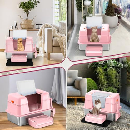 Vivifying Pink Stainless Steel Covered Cat Litter Box – Odor-Control, Easy-Clean Modular Enclosed Kitty Toilet, Elegant Design for Stylish Cat Moms - color: Pink