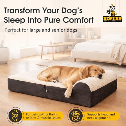 KOPEKS Jumbo Orthopedic Dog Bed - 7-inch Thick Memory Foam Pet Bed with Pillow with Removable Cover & Free Waterproof Liner - for Large Breed Dogs, XL, Brown-Plush Top - color: Brown-Plush Top