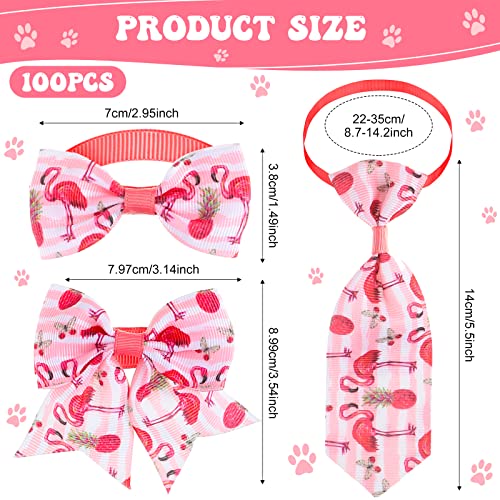 Reginary 100 Pieces Dog Bow Tie Collar Set Include 40 Dog Neckties, and 30 Puppy Bowties, 30 Collar Flowers, Adjustable Pet Ties Grooming for Small Medium Cats Pets Supply(Flamingo) - style: Flamingo